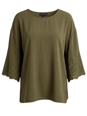 Bobeau Embroidered Statement Sleeve Boho-Chic Army Green Crepe Blouse Size 1X